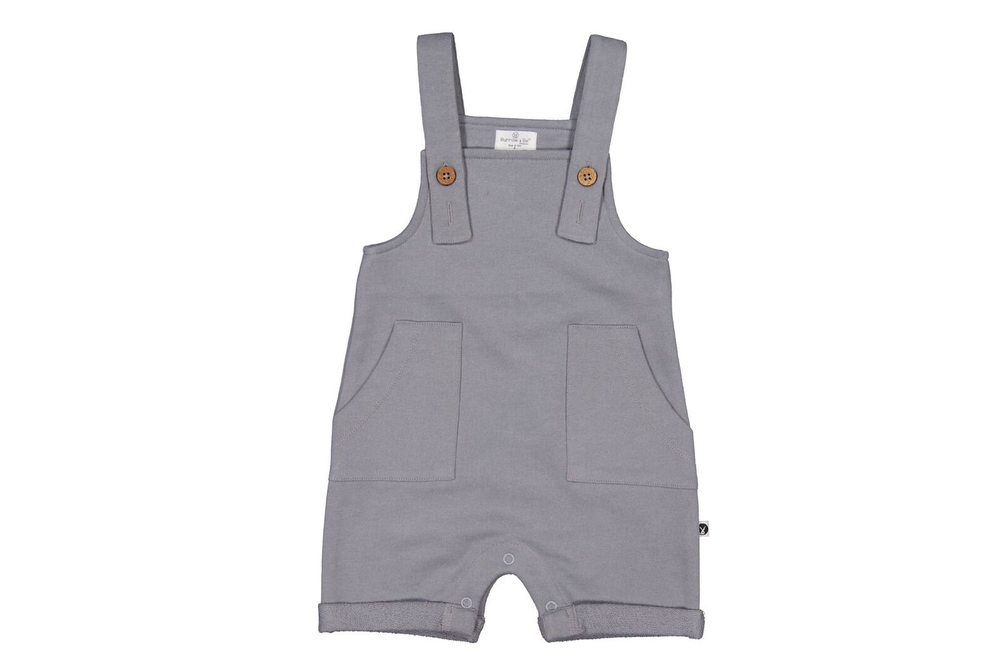 Gray baby romper with straps on a white background