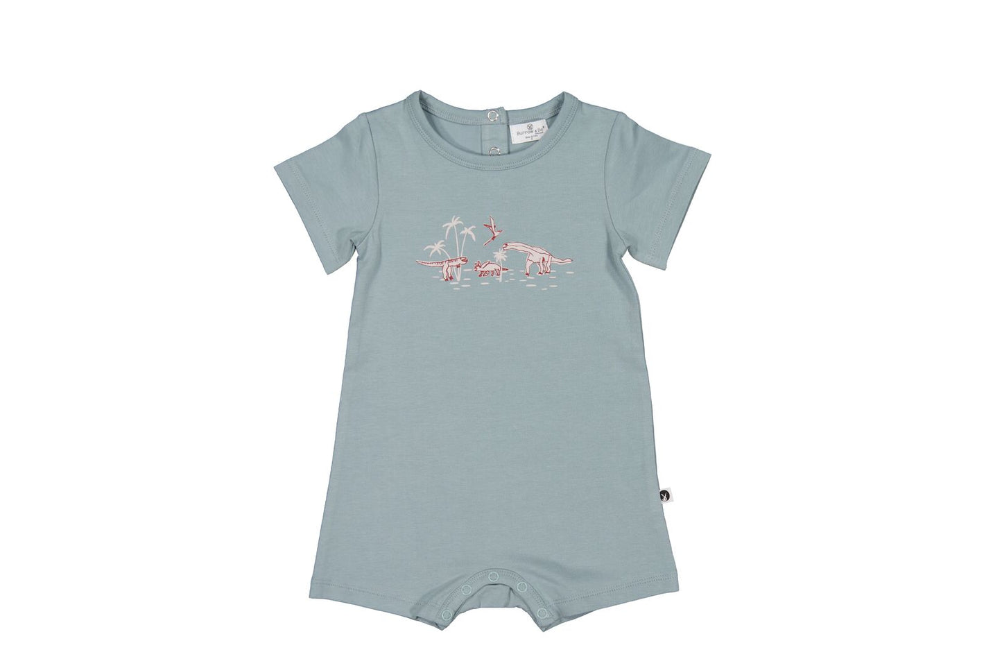 Light blue baby romper with pink horse design on a white background
