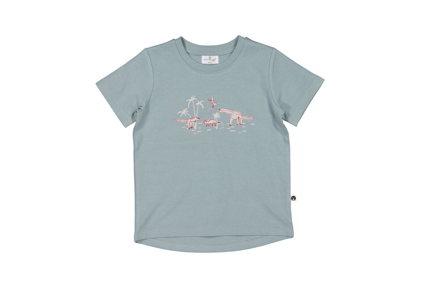 Light blue t-shirt with dinosaur graphic on a white background