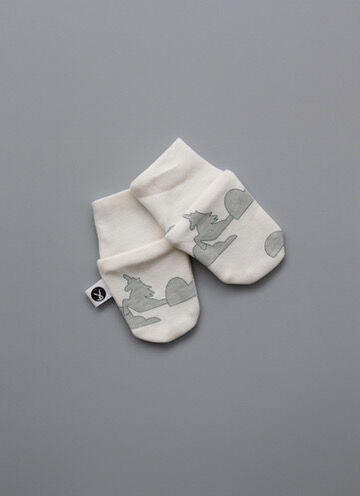 Pair of baby socks with fox pattern on a gray background