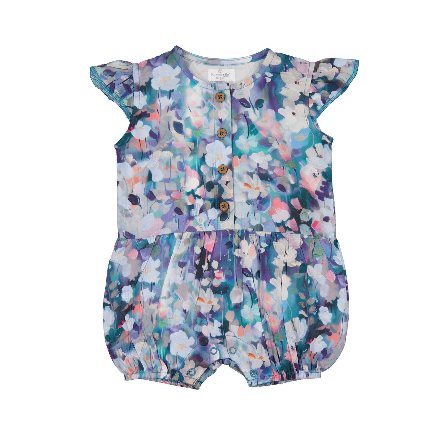 Floral-patterned baby romper on a white background
