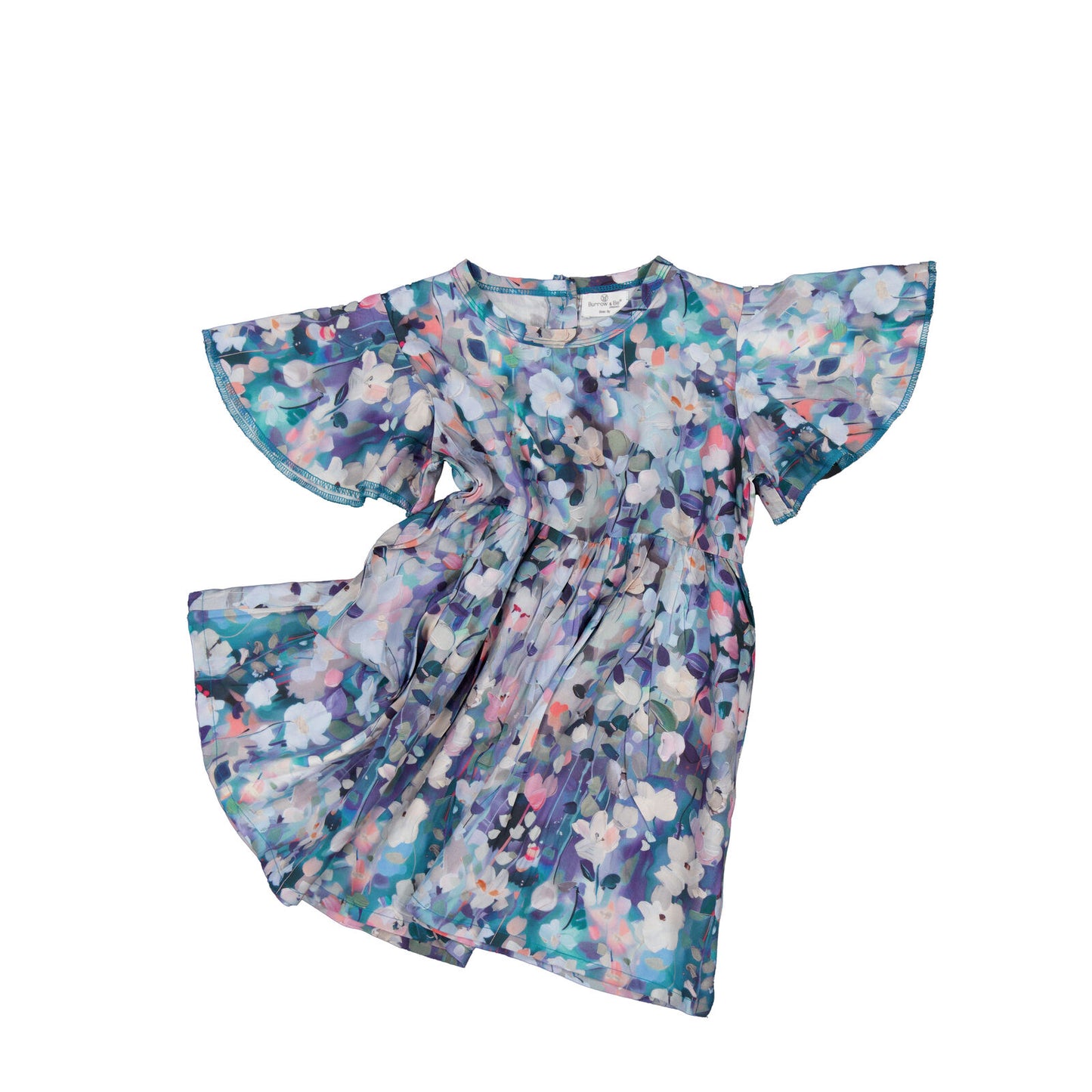 Floral dress with ruffled sleeves on a white background