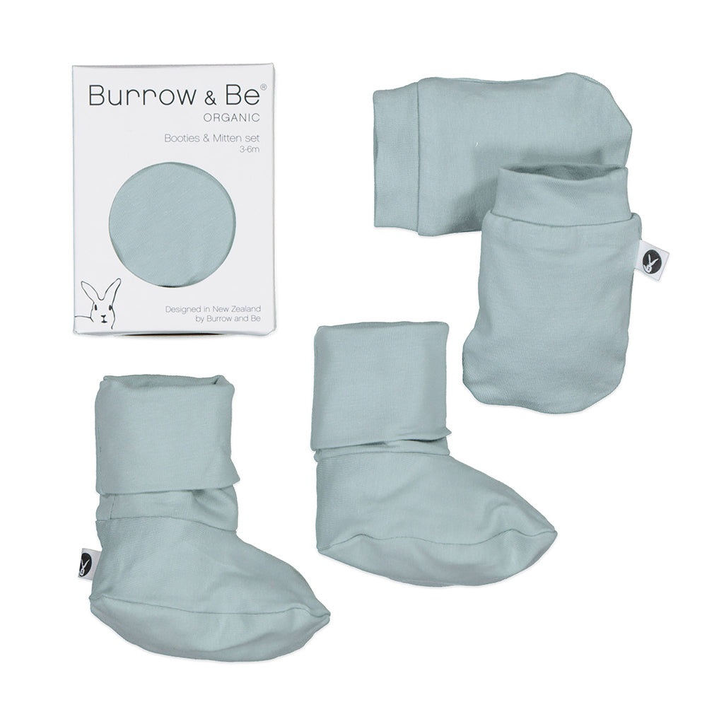Essentials Booties and Mittens Set in Mist, designed by Burrow and Be