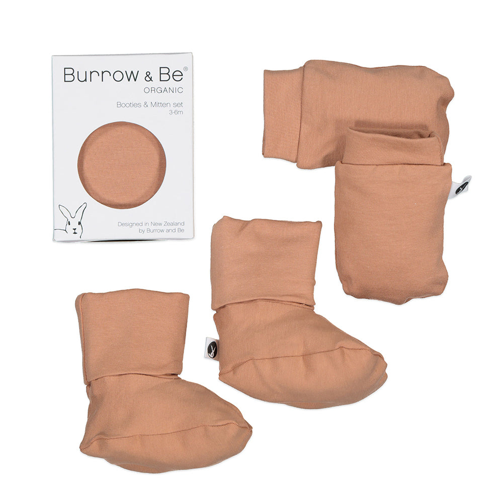 Essentials Booties and Mittens Set in Tawny Brown, designed by Burrow and Be