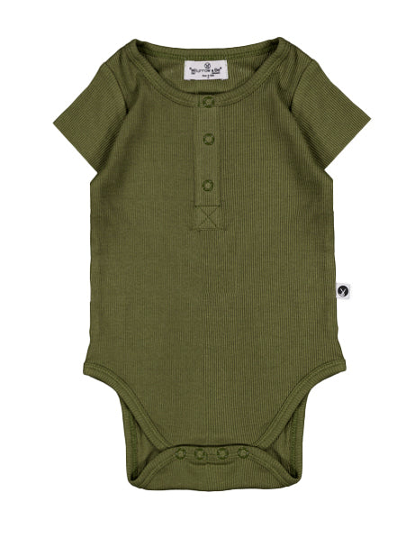 Short Sleeve Henley Rib Bodysuit in Olive, designed by Burrow and Be