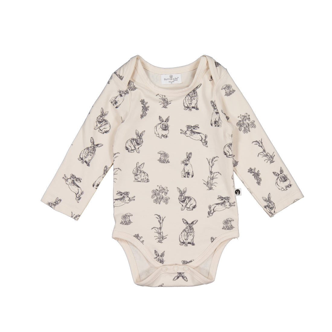 Almond Burrowers organic cotton long sleeve bodysuit by Burrow and Be, gentle on eczema-prone baby skin