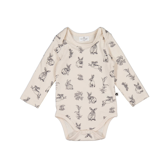 Almond Burrowers organic cotton long sleeve bodysuit by Burrow and Be, gentle on eczema-prone baby skin