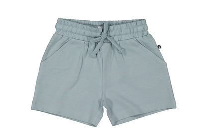 Light blue shorts with a drawstring on a white background