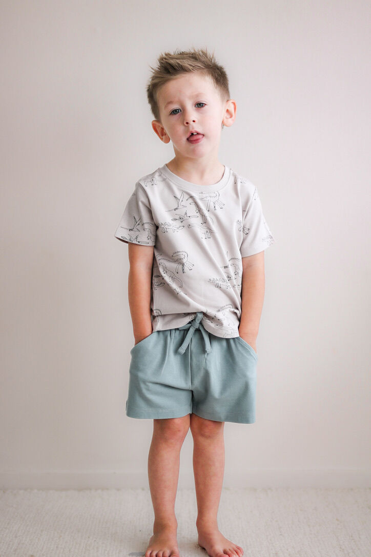 Child wearing a light gray shirt and green shorts against a plain background