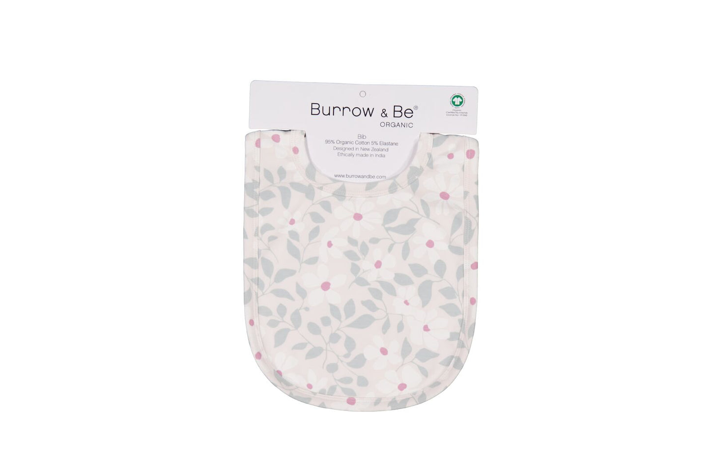 Baby bib with leaf pattern and 'Burrow & Be' branding on a white background