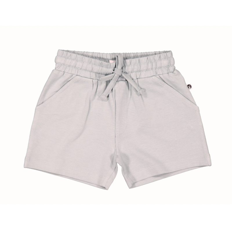 Light gray shorts with an elastic waistband on a white background