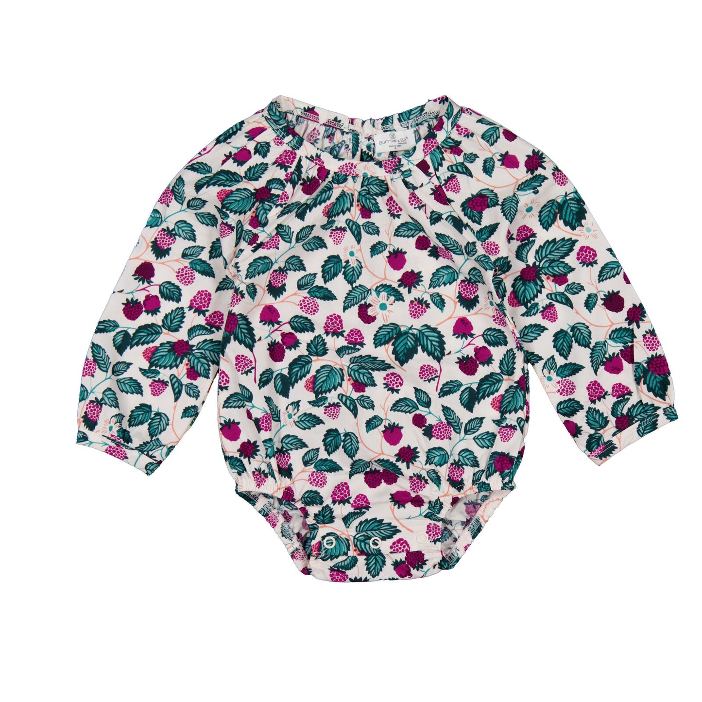 Floral-patterned baby romper on a white background