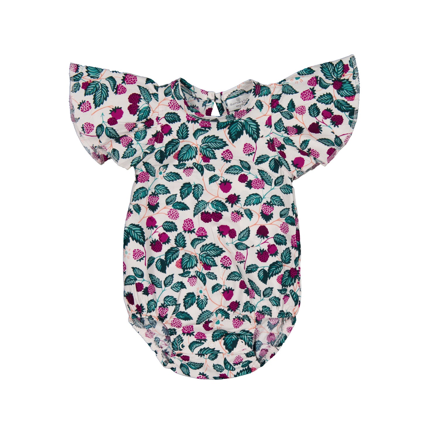 Floral-patterned baby romper with ruffled sleeves on a white background