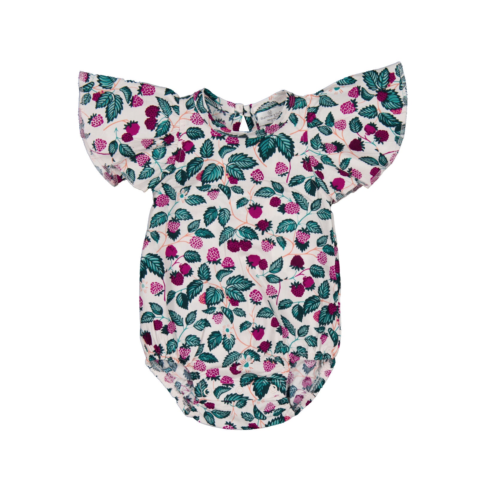 Floral-patterned baby romper with ruffled sleeves on a white background