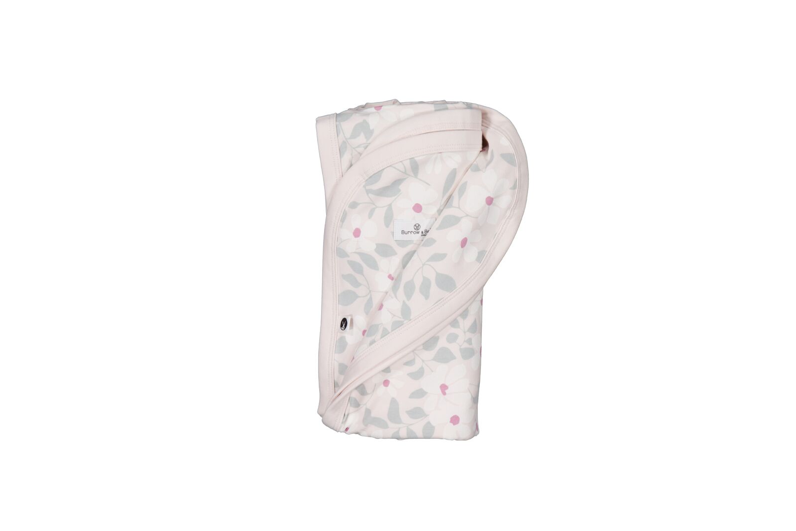 Folded baby swaddle with floral pattern on a white background