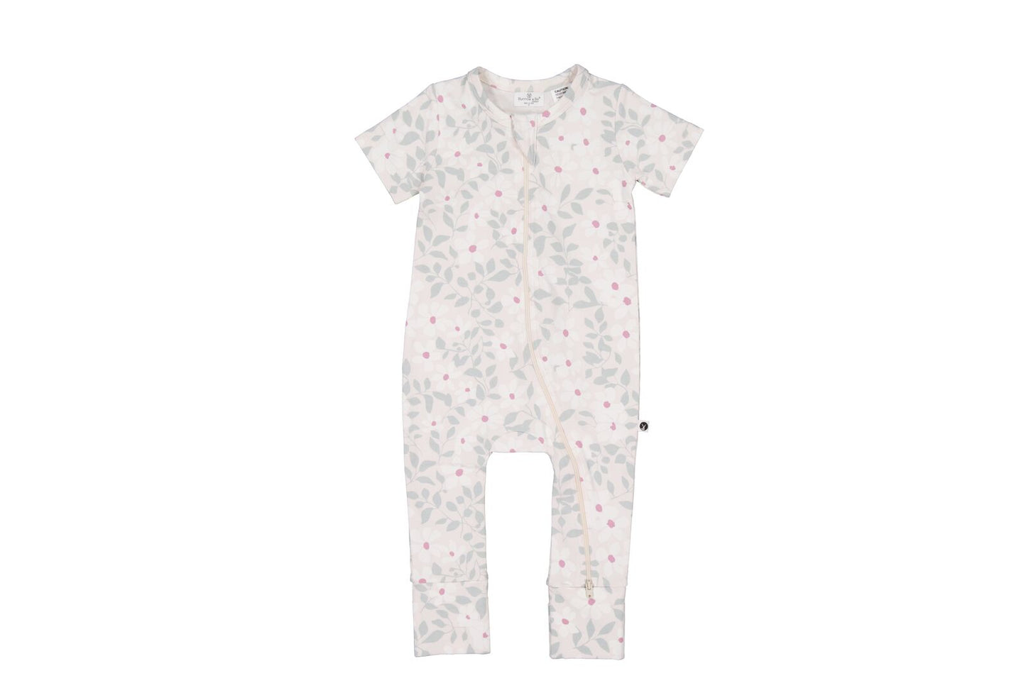 White baby onesie with small patterns on a white background