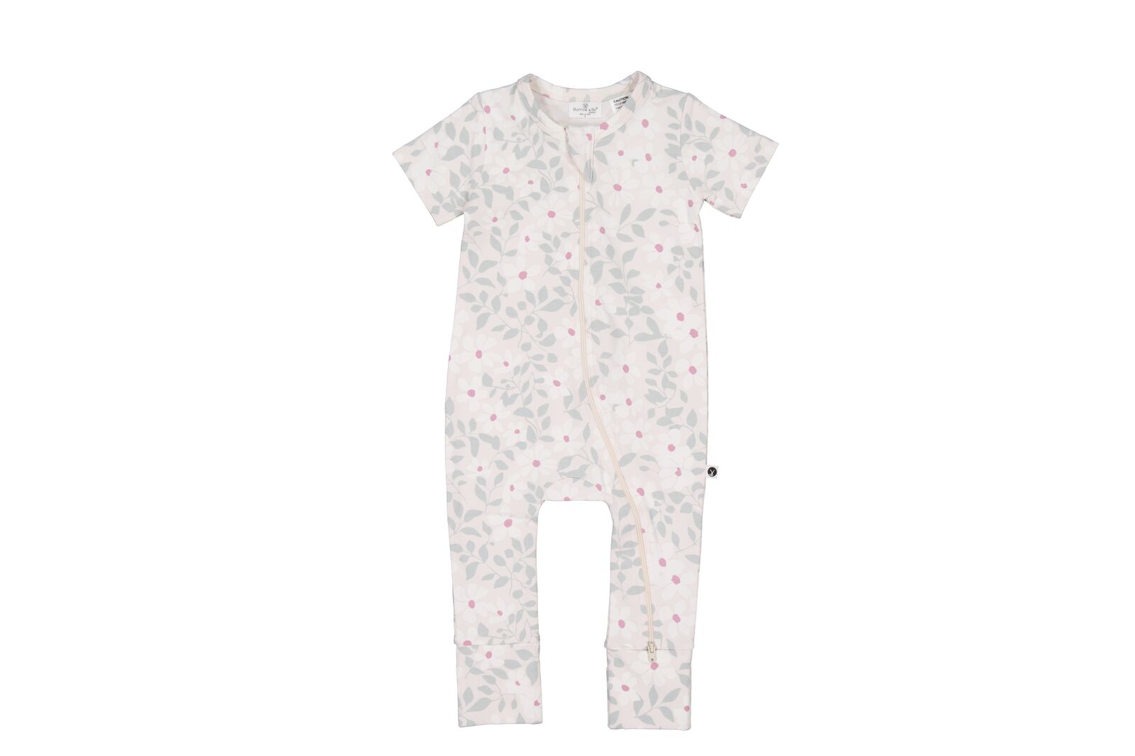 White baby onesie with small patterns on a white background