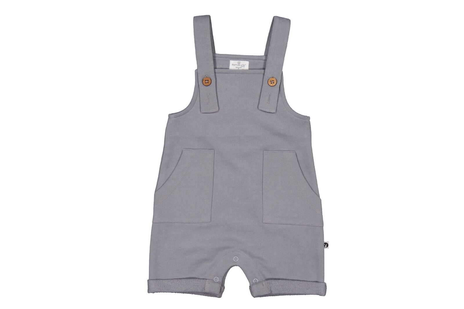 Gray baby romper with straps on a white background