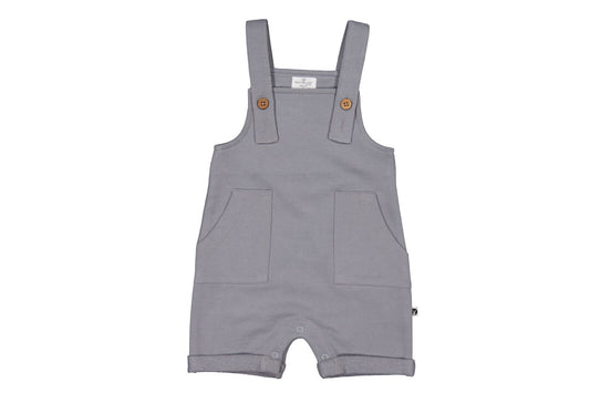 Gray baby romper with straps on a white background