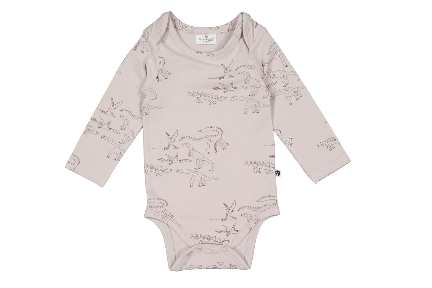 Baby onesie with dinosaur print on a white background
