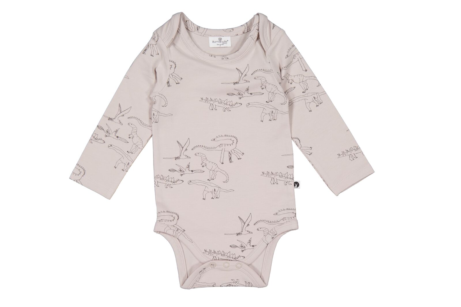 Baby onesie with dinosaur print on a white background