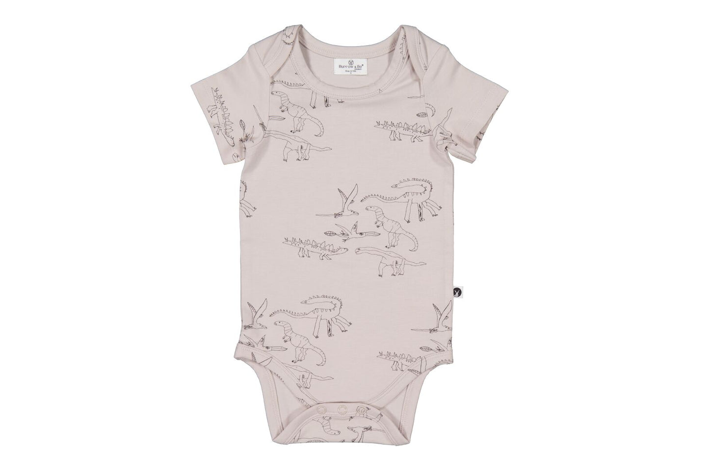 Baby bodysuit with dinosaur print on a white background