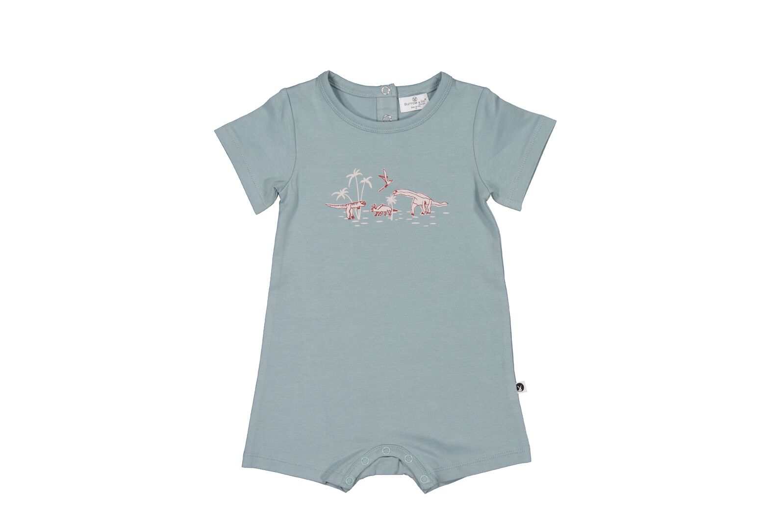 Light blue baby romper with pink horse design on a white background