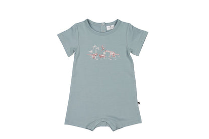 Light blue baby romper with pink horse design on a white background