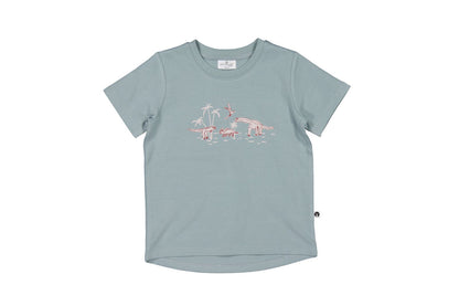 Light blue t-shirt with dinosaur graphic on a white background