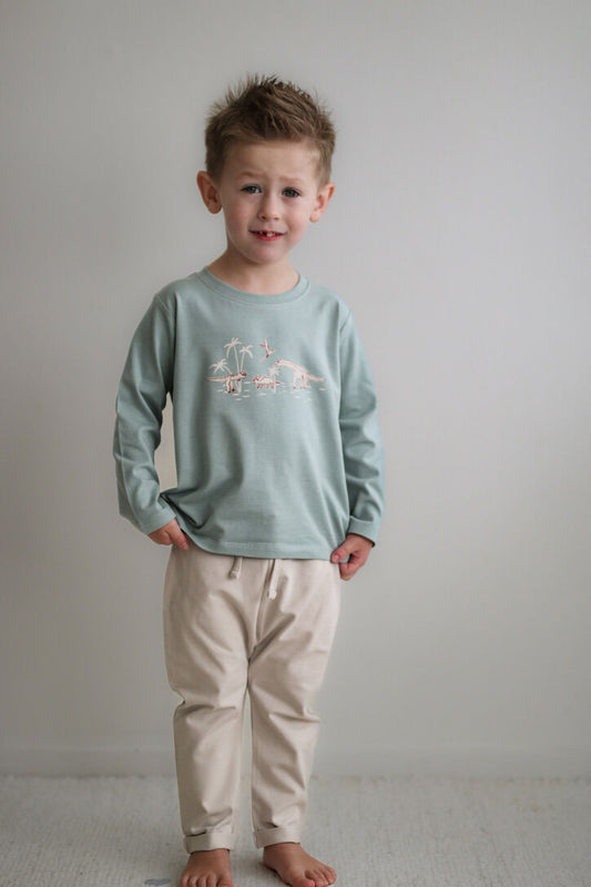 Child wearing a light blue long-sleeve shirt with a graphic design and beige pants on a plain background