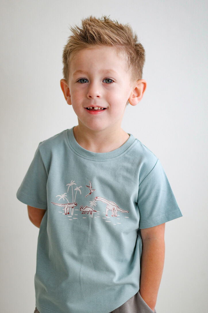 Young boy wearing a light blue t-shirt with a graphic design on a plain background