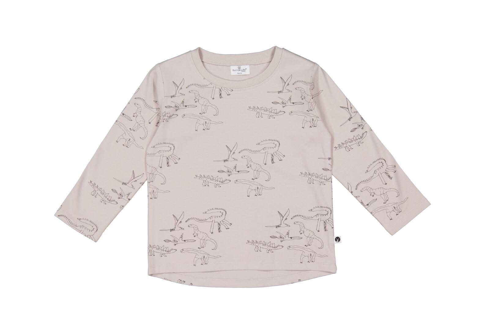 Beige long-sleeve shirt with dinosaur prints on a white background