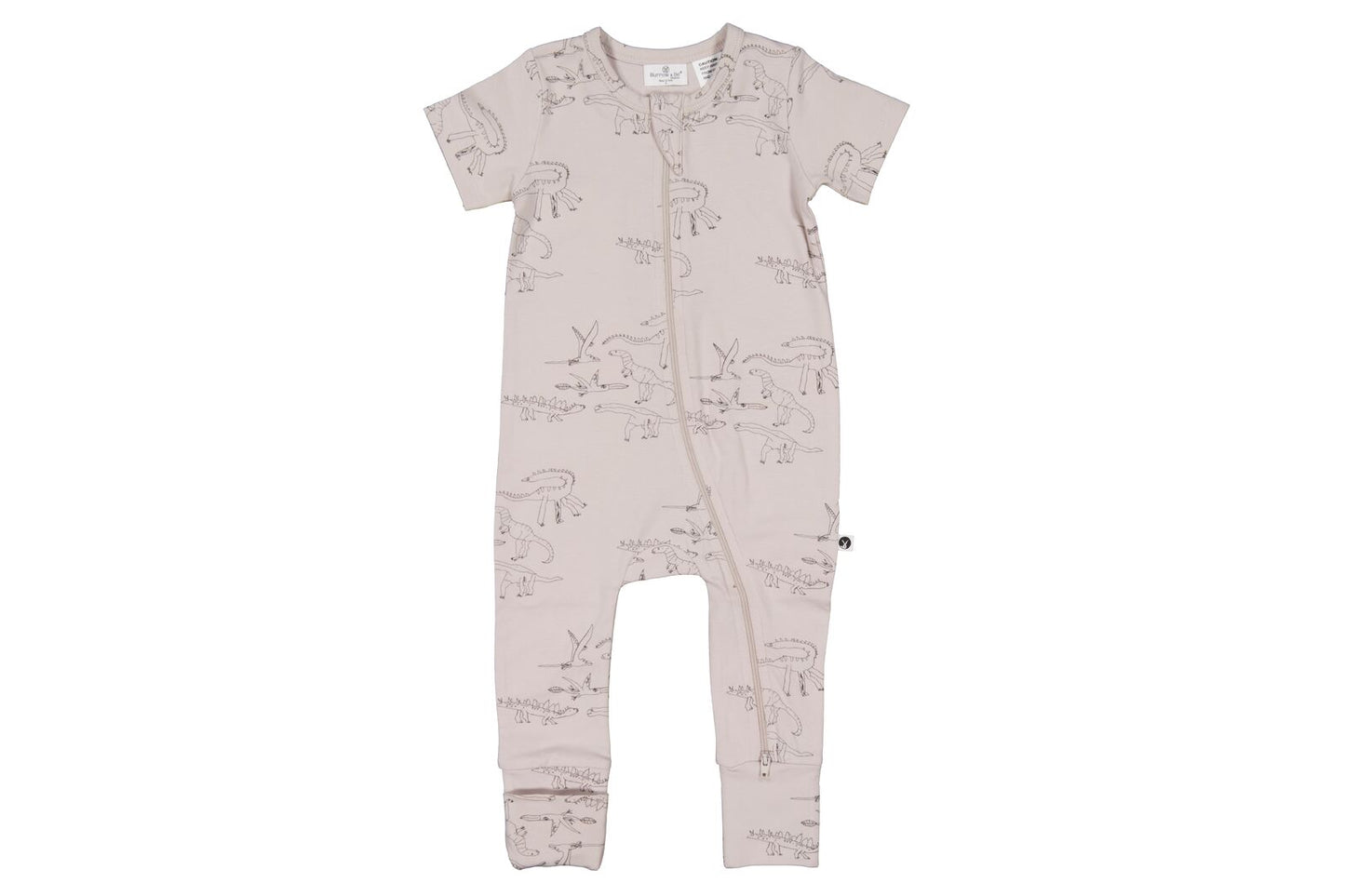 Baby onesie with dinosaur pattern on a white background