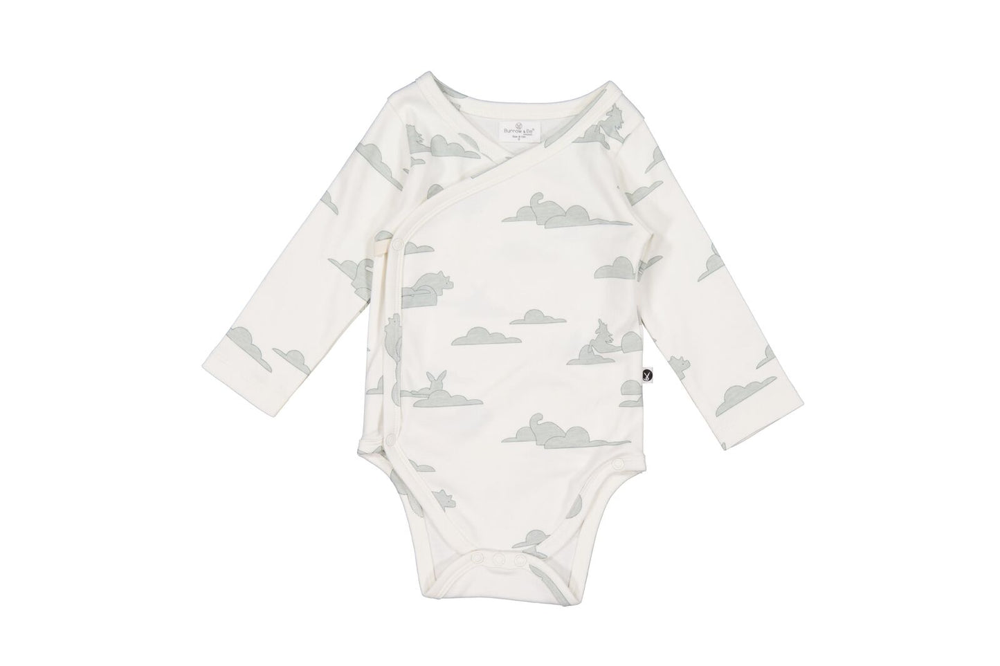 Baby onesie with cloud pattern on a white background