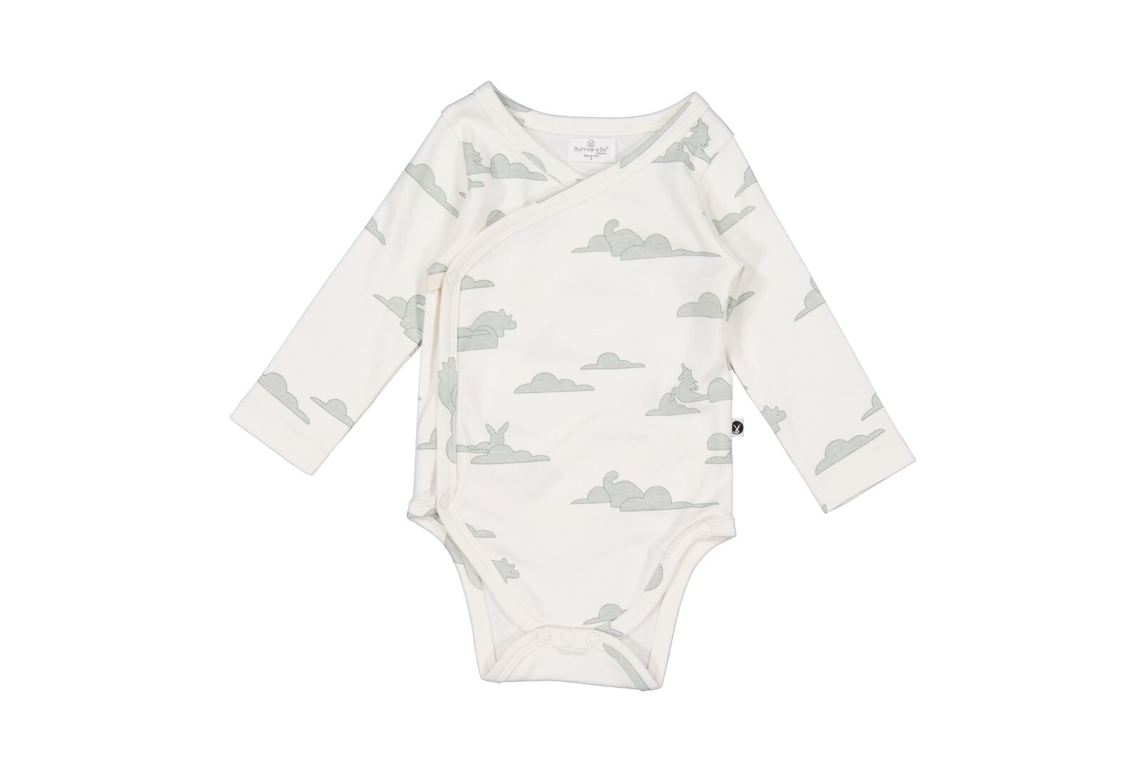 Baby onesie with cloud pattern on a white background