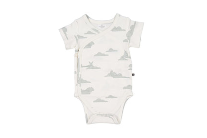 Baby onesie with cloud pattern on a white background