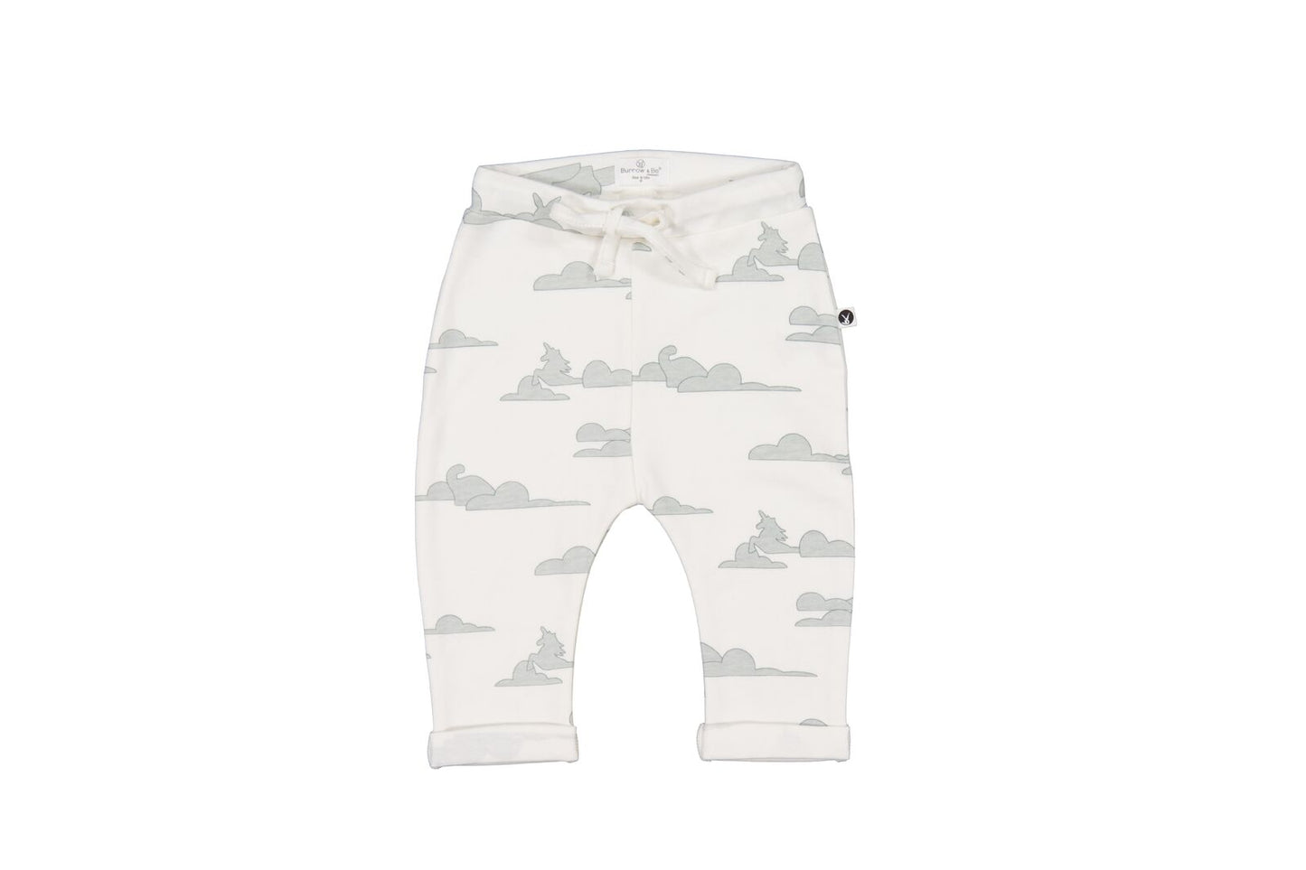 White baby pants with cloud pattern on a white background
