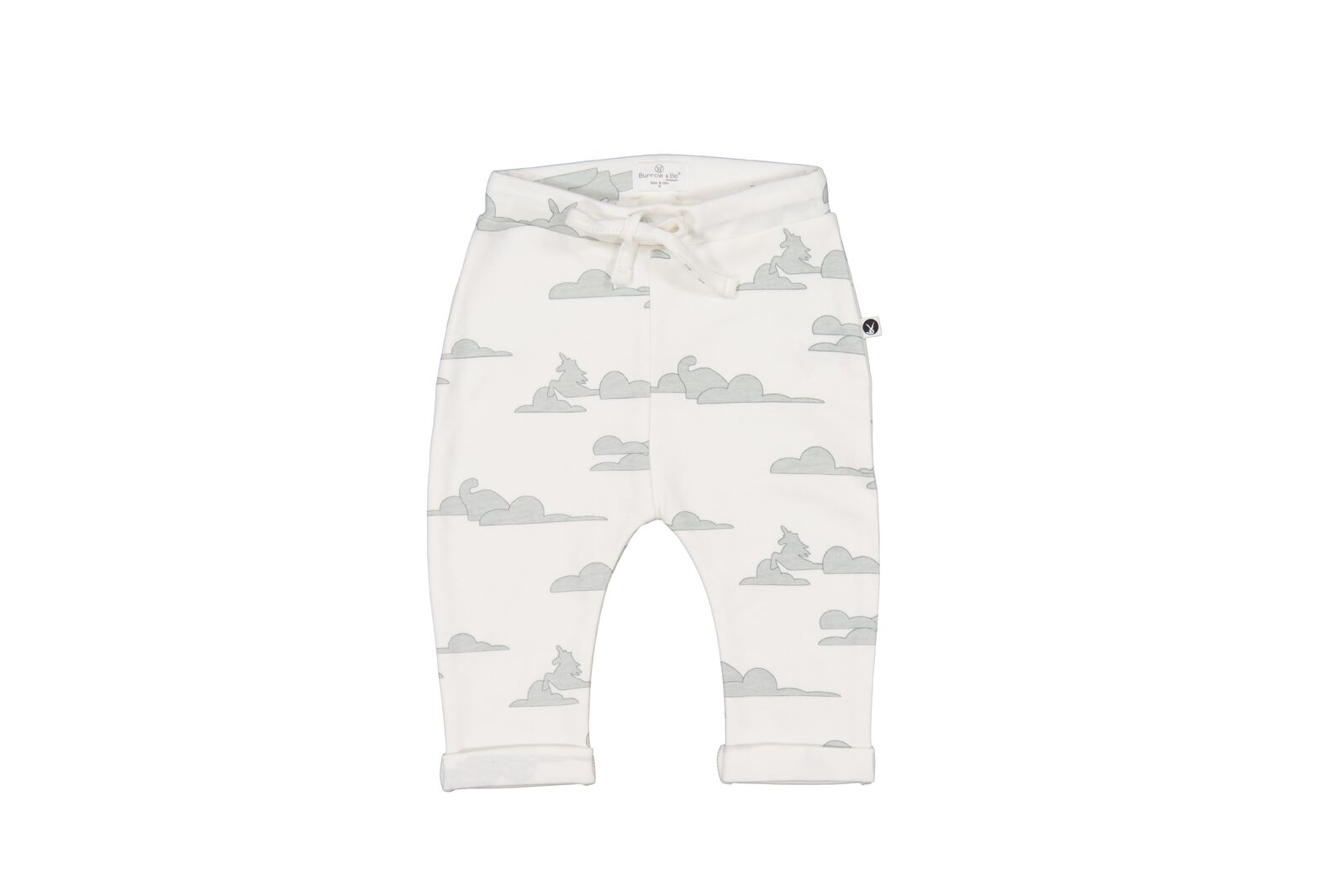 White baby pants with cloud pattern on a white background
