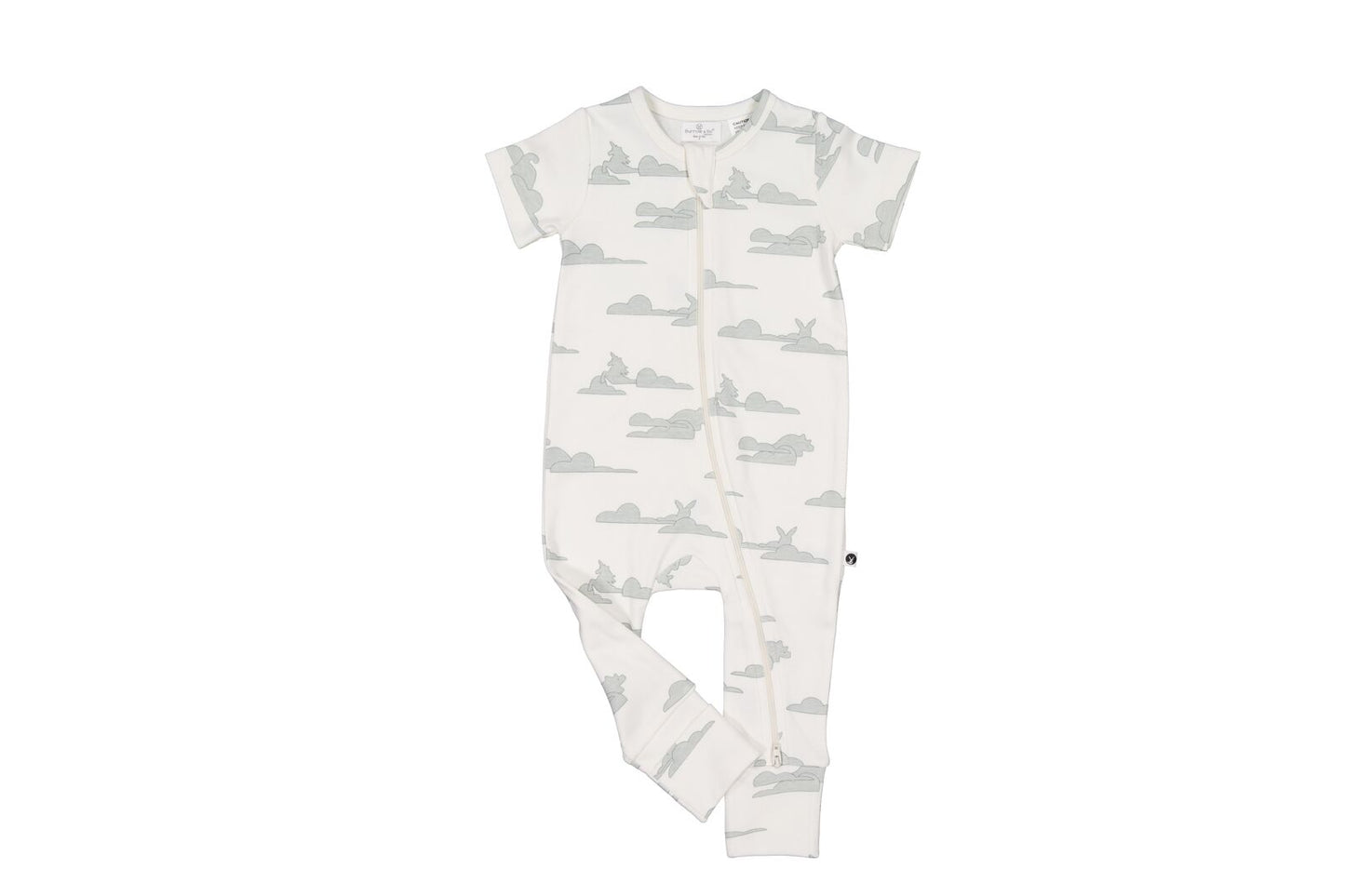 White baby onesie with gray cloud pattern on a white background