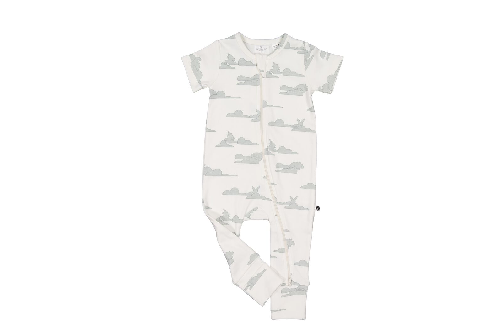 White baby onesie with gray cloud pattern on a white background