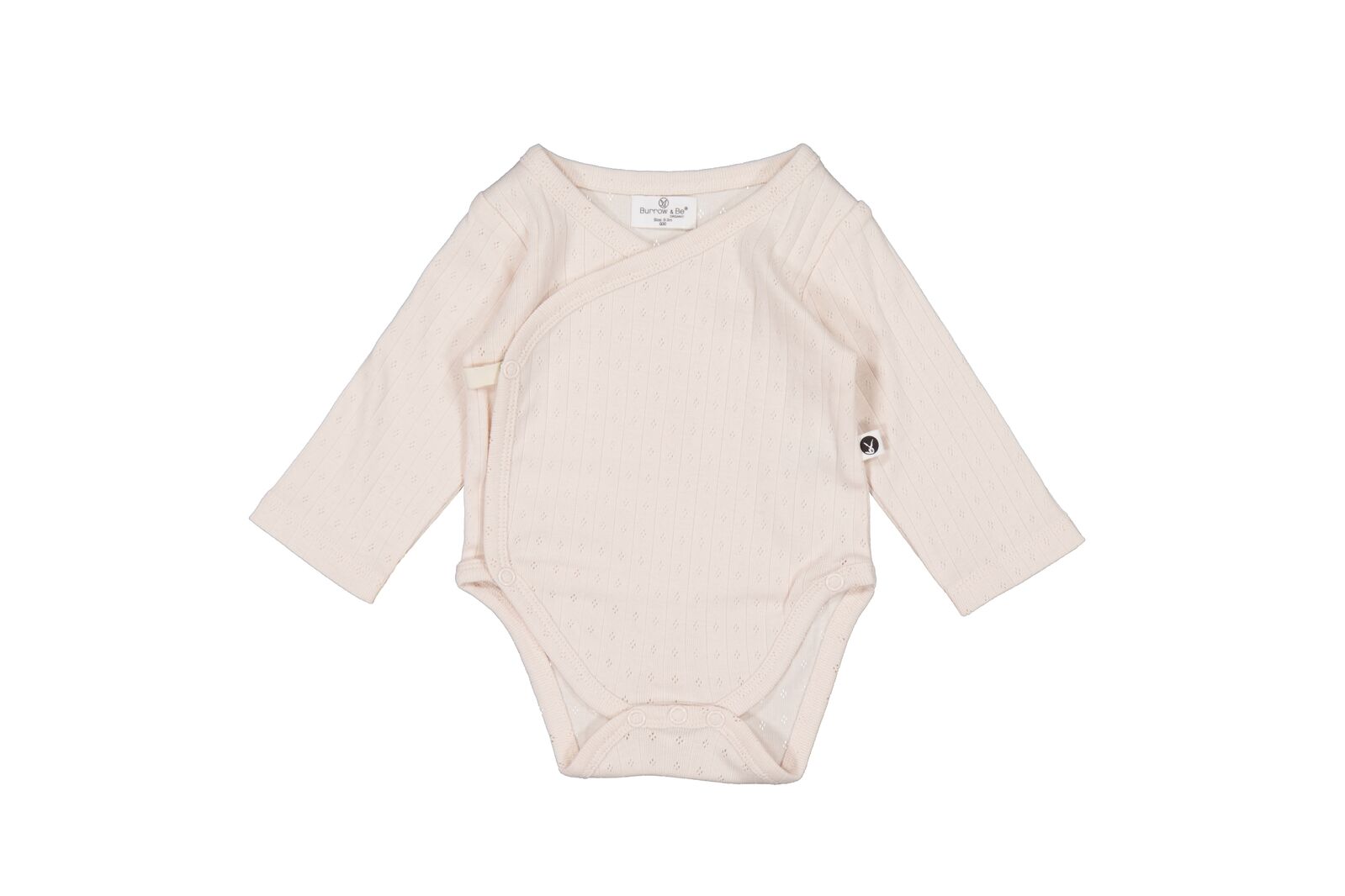 Beige baby bodysuit with long sleeves on a white background
