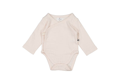 Beige baby bodysuit with long sleeves on a white background