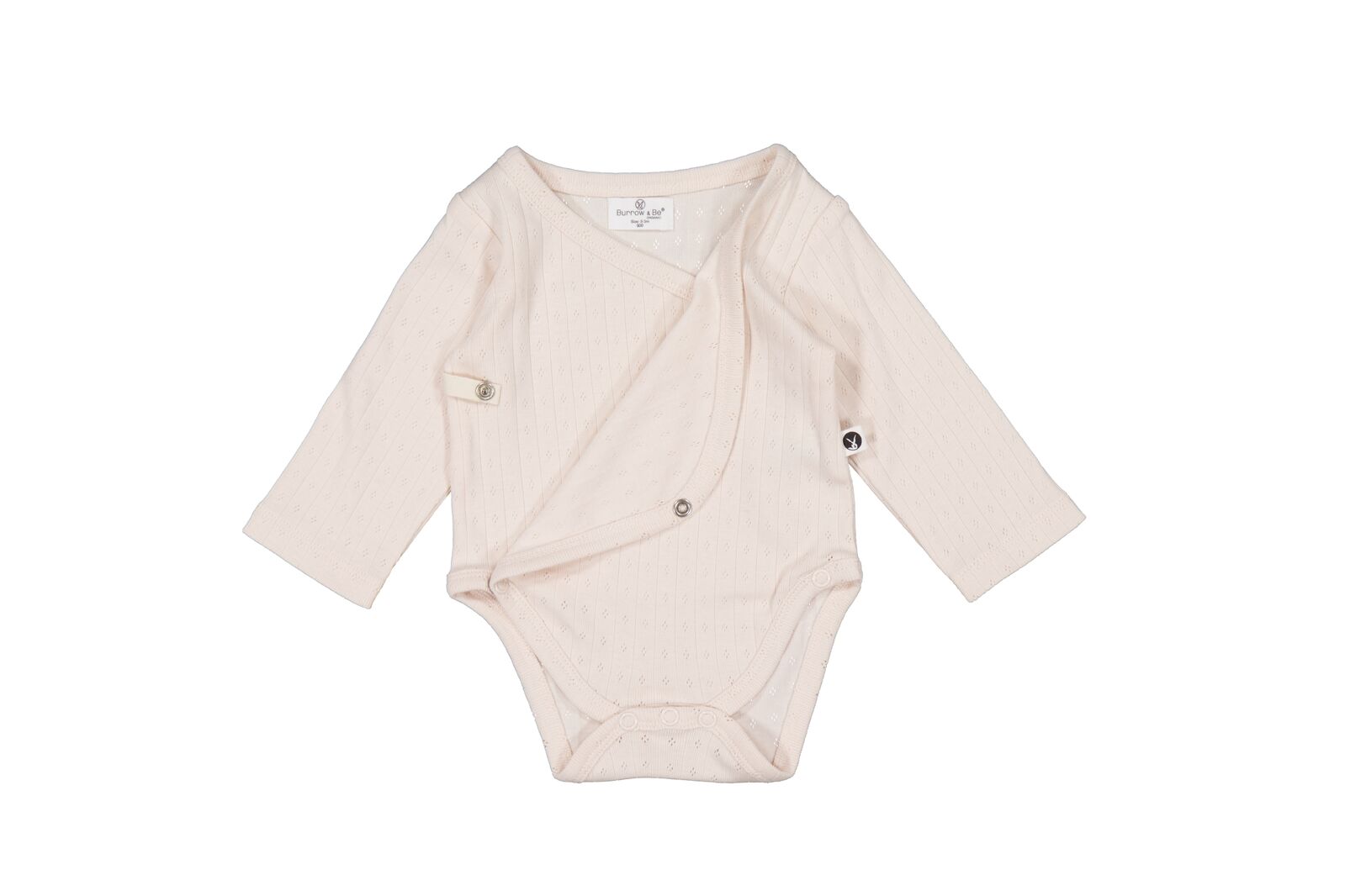 Beige baby bodysuit with long sleeves on a white background