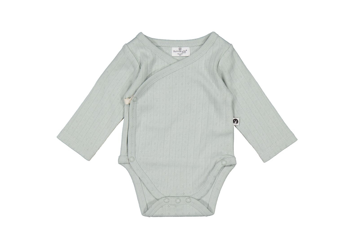 Light gray baby bodysuit with long sleeves on a white background