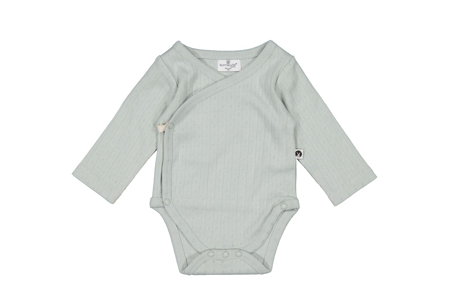 Light gray baby bodysuit with long sleeves on a white background