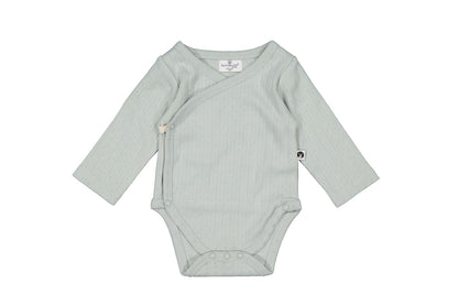 Light gray baby bodysuit with long sleeves on a white background