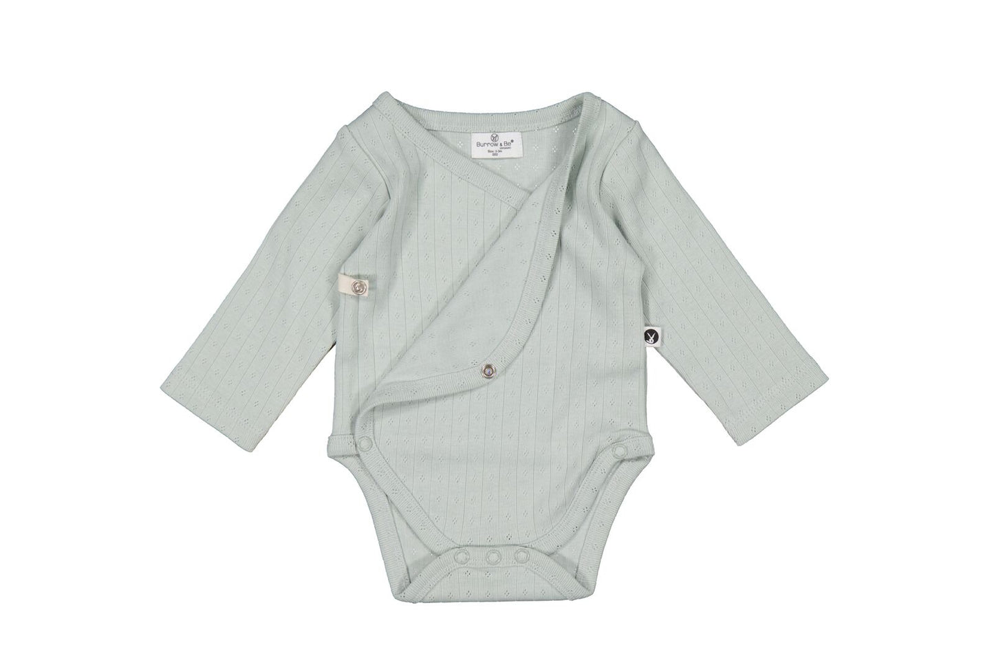 Light gray baby bodysuit with long sleeves on a white background