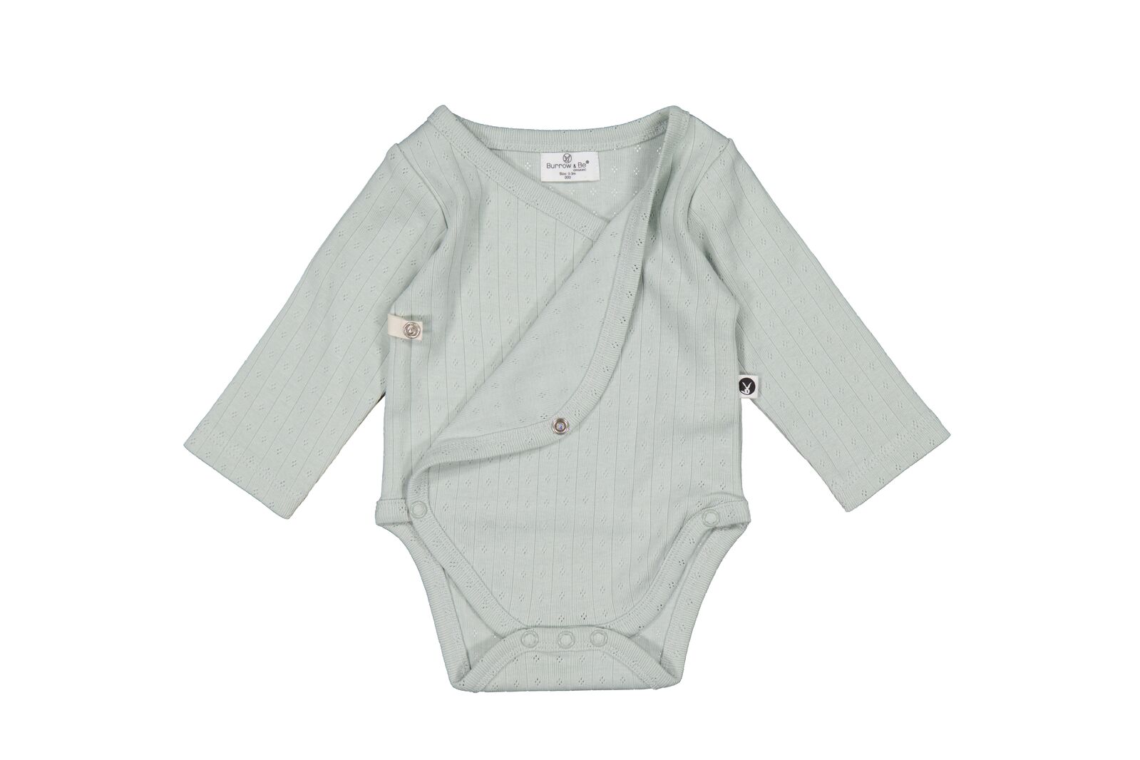 Light gray baby bodysuit with long sleeves on a white background