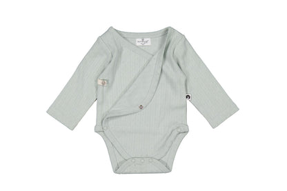 Light gray baby bodysuit with long sleeves on a white background