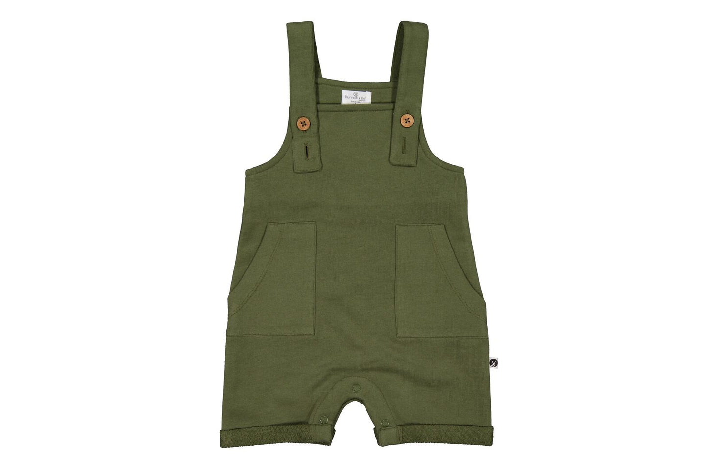 Green baby overalls on a white background